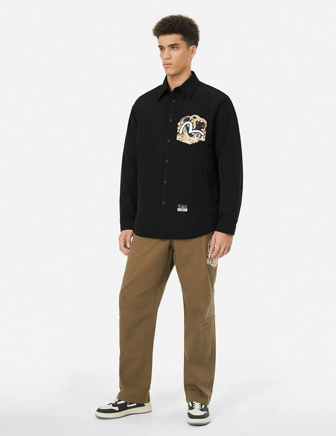 Seagull and Wave Embroidery Relax Fit Padded Shirt Jacket