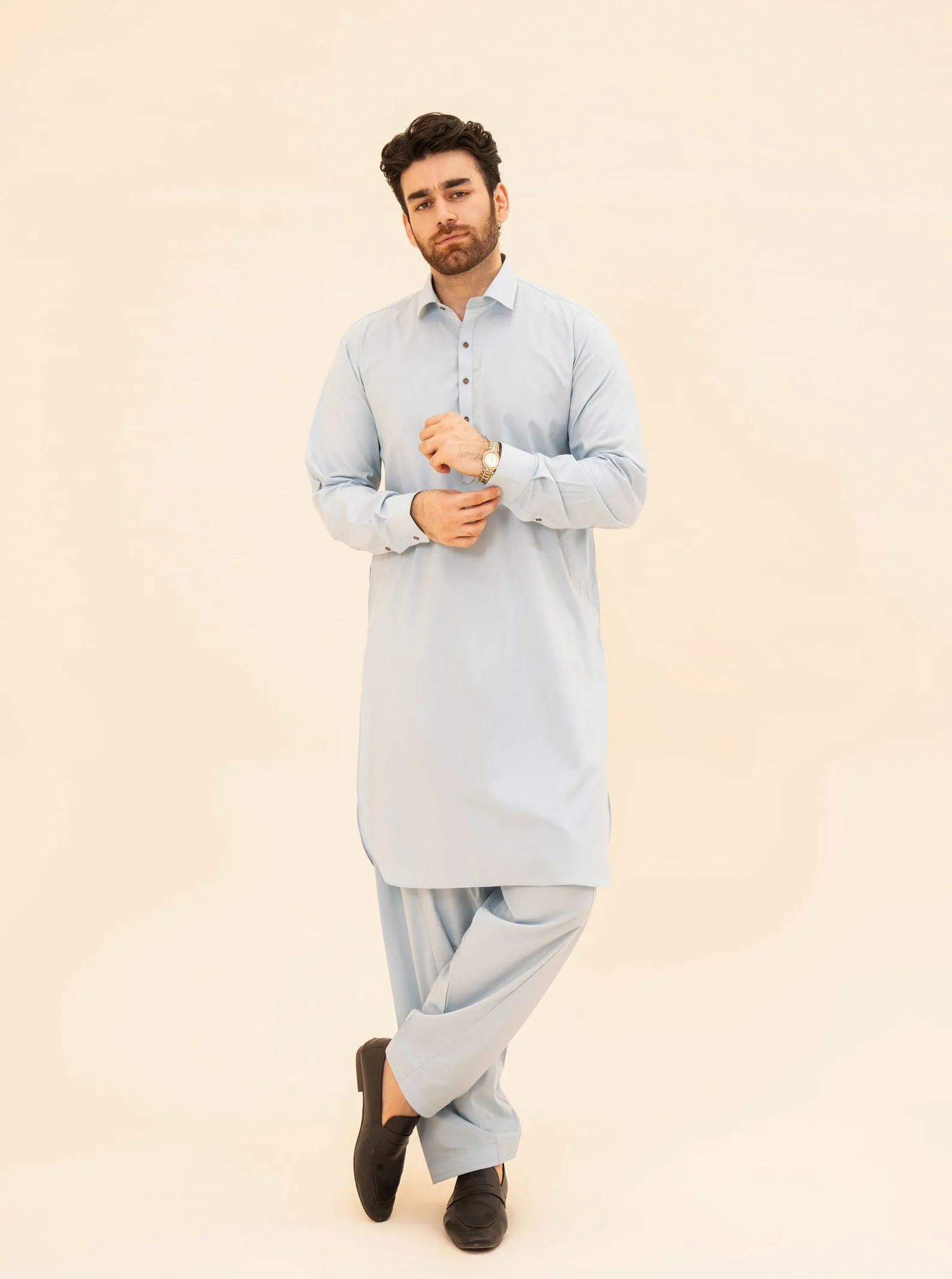 Sky Blue French Collar Kameez Shalwar - Men
