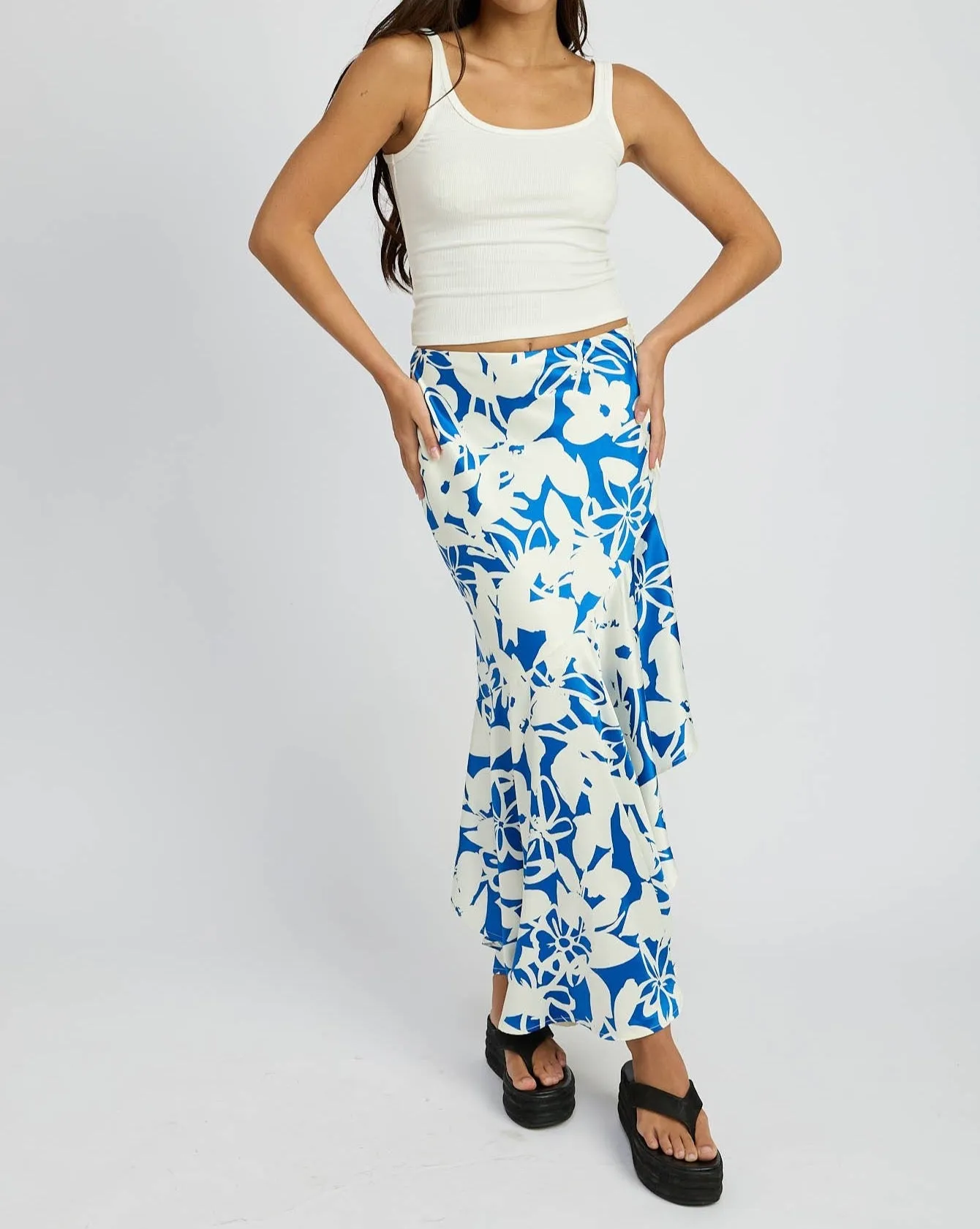Tara Asymmetrical Ruffle Skirt: Blue White / Contemporary LAST ONE!