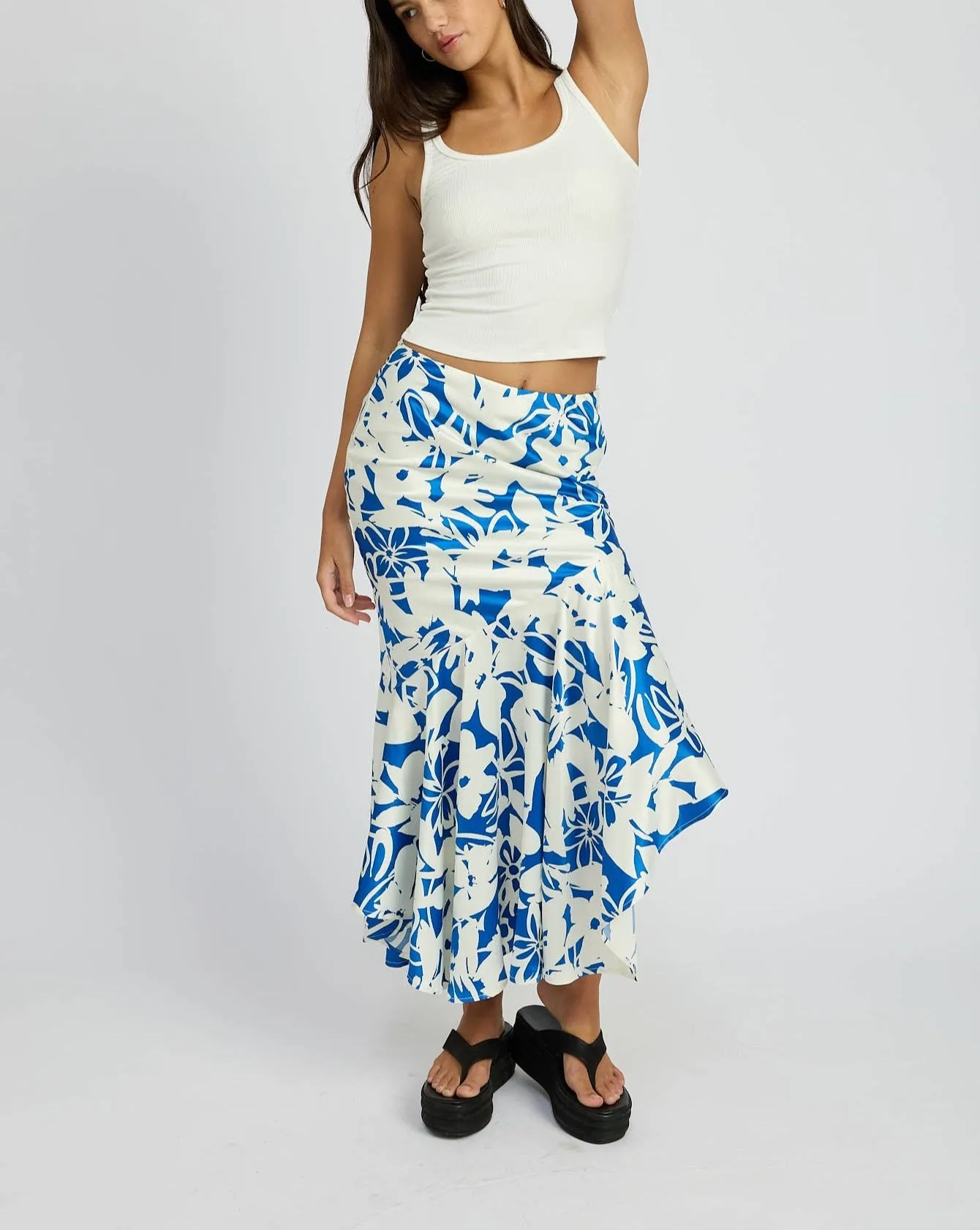 Tara Asymmetrical Ruffle Skirt: Blue White / Contemporary LAST ONE!