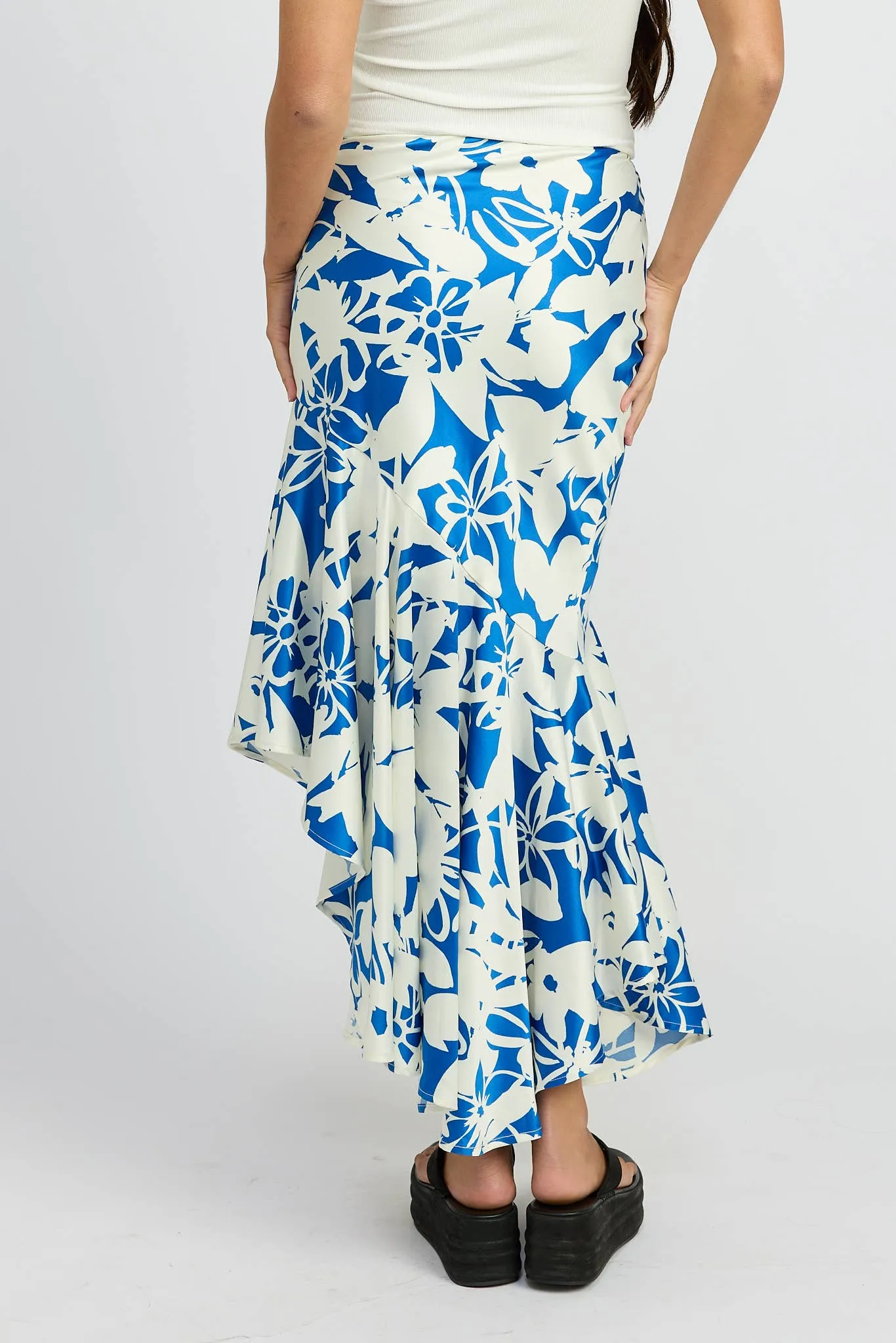 Tara Asymmetrical Ruffle Skirt: Blue White / Contemporary LAST ONE!
