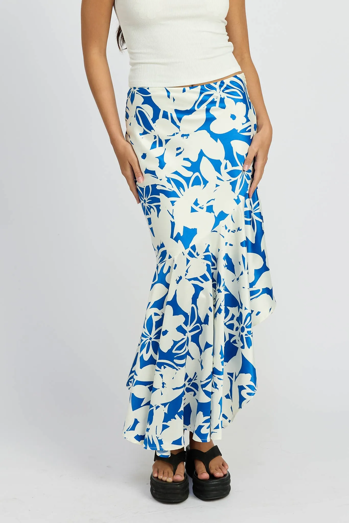Tara Asymmetrical Ruffle Skirt: Blue White / Contemporary LAST ONE!