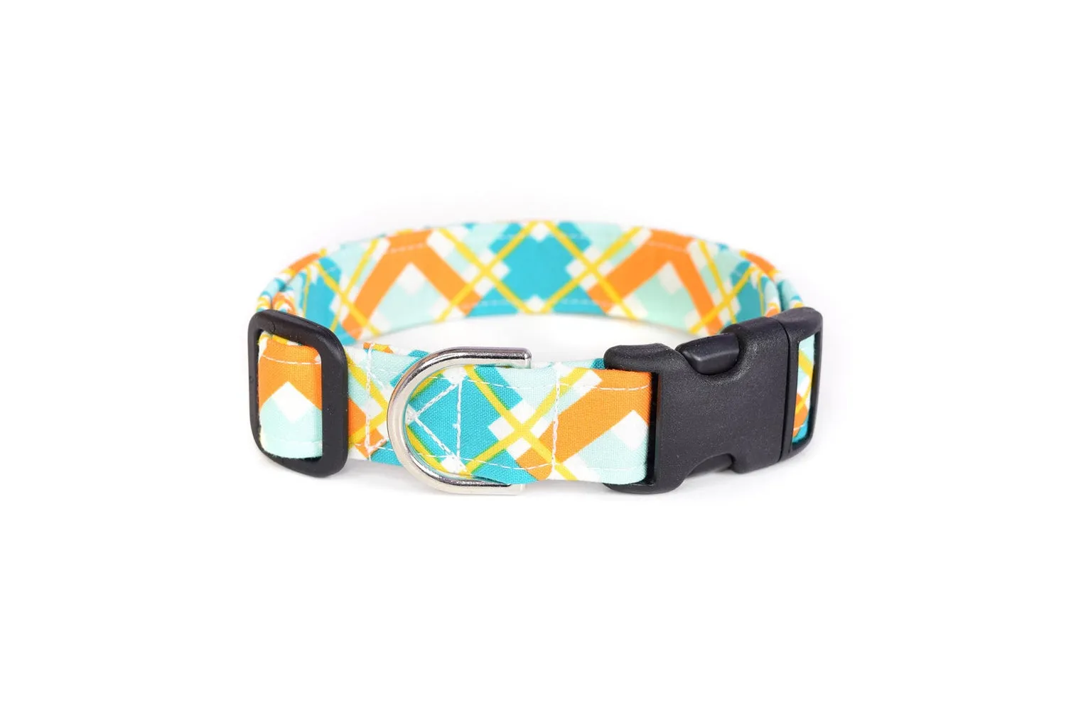 Teal Blue & Orange Plaid Dog Collar
