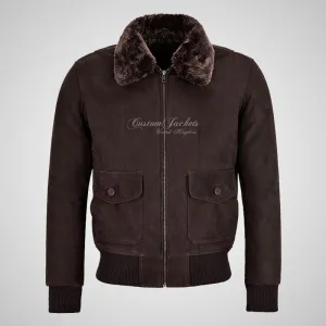 TOP GUN Men's Fur Collared Bomber Leather Jacket in Brown Nubuck Leather