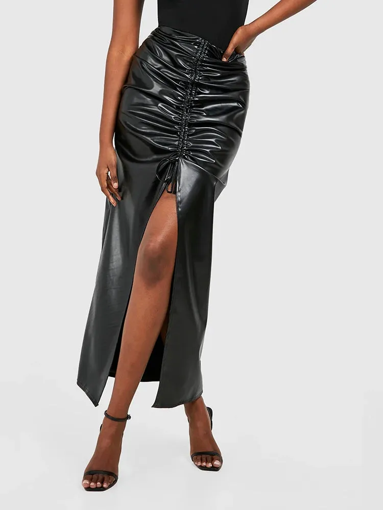 Trend4us Women’s High-Waisted Ruched Faux Leather Slit Skirt