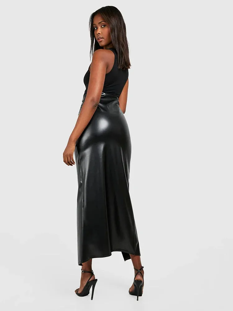 Trend4us Women’s High-Waisted Ruched Faux Leather Slit Skirt
