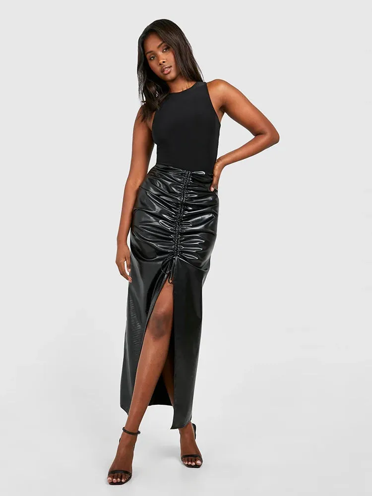 Trend4us Women’s High-Waisted Ruched Faux Leather Slit Skirt
