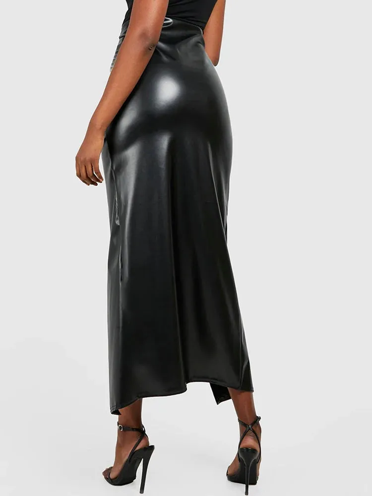Trend4us Women’s High-Waisted Ruched Faux Leather Slit Skirt