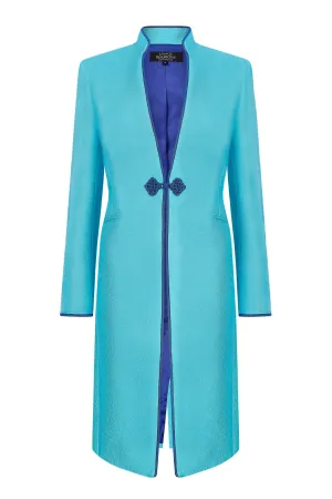 Turquoise Dress Coat in Summer Brocade with Cord Trim and Frogging  - Vicky
