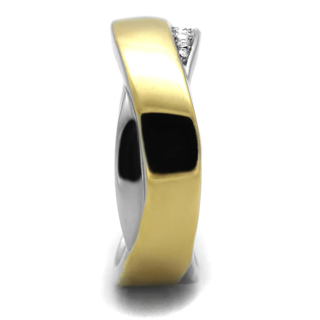 Two-Tone IP Gold (Ion Plating) Stainless Steel Ring with Top Grade Crystal in Clear for Women Style TK2264