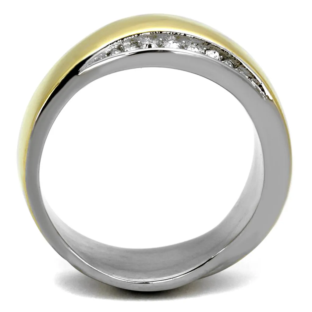 Two-Tone IP Gold (Ion Plating) Stainless Steel Ring with Top Grade Crystal in Clear for Women Style TK2264