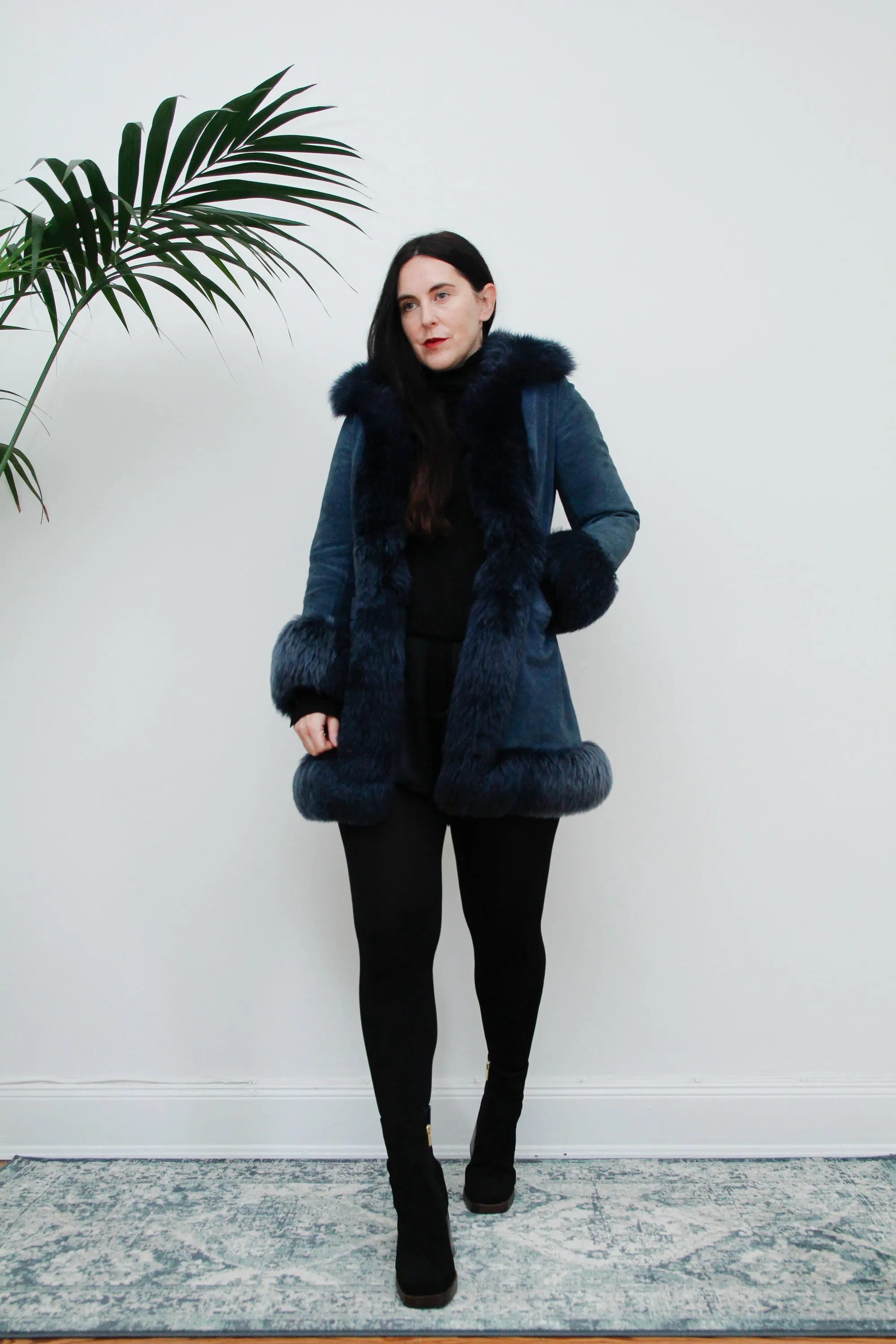 Vintage Rare Blue 1970's Afghan Sheepskin Maxi Coat