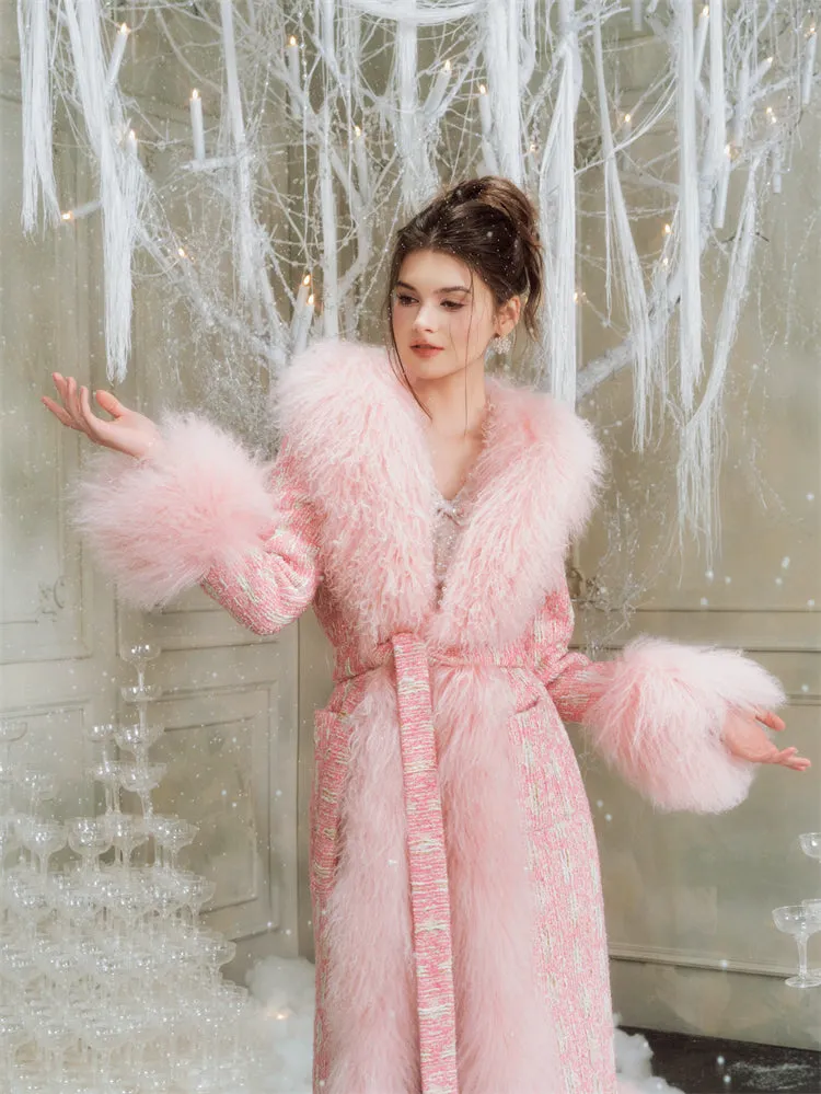 Wardrobes By Chen Luxury pink Long Sleeve Tie Fur Autumn winter Coat - Luisa