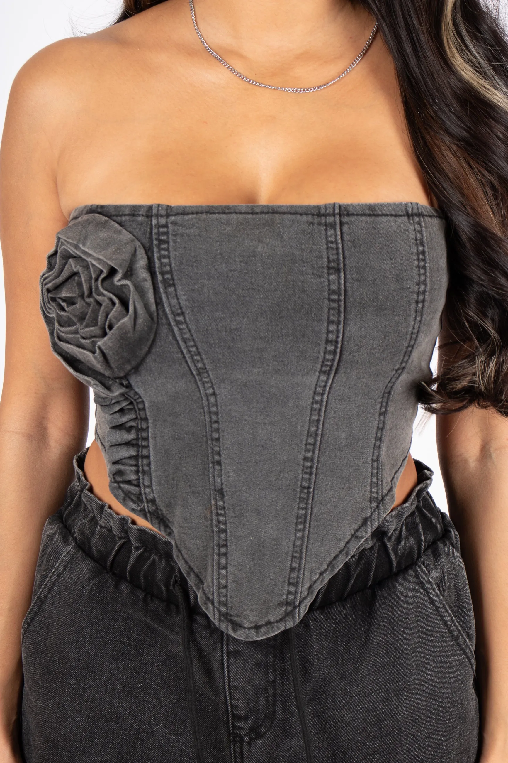 Washed Black Rose Denim Stretch Corset
