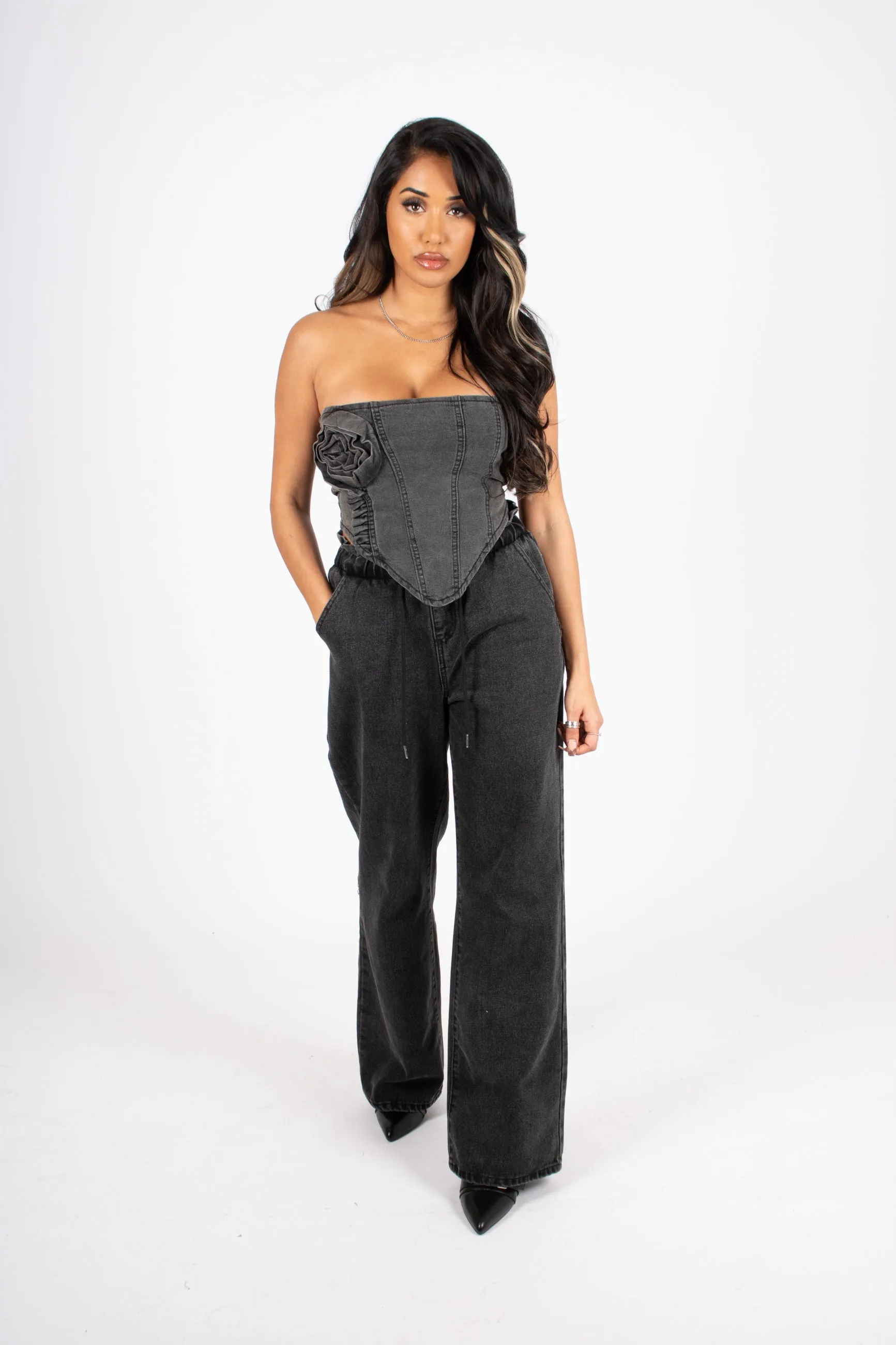 Washed Black Rose Denim Stretch Corset