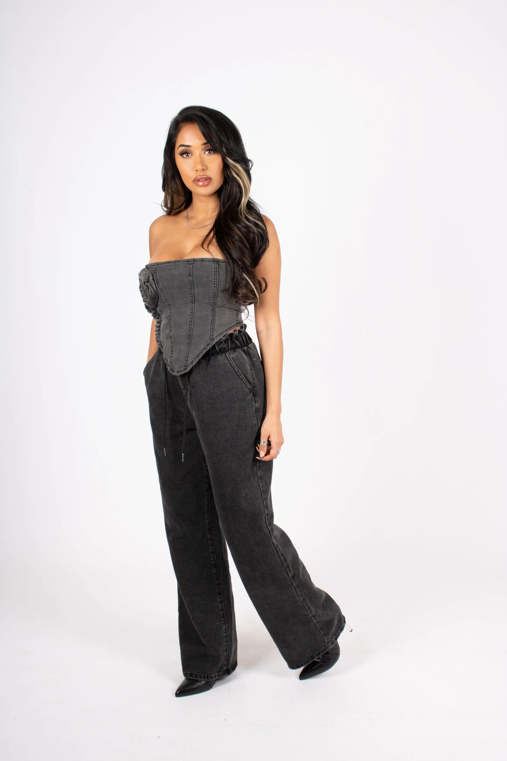 Washed Black Rose Denim Stretch Corset
