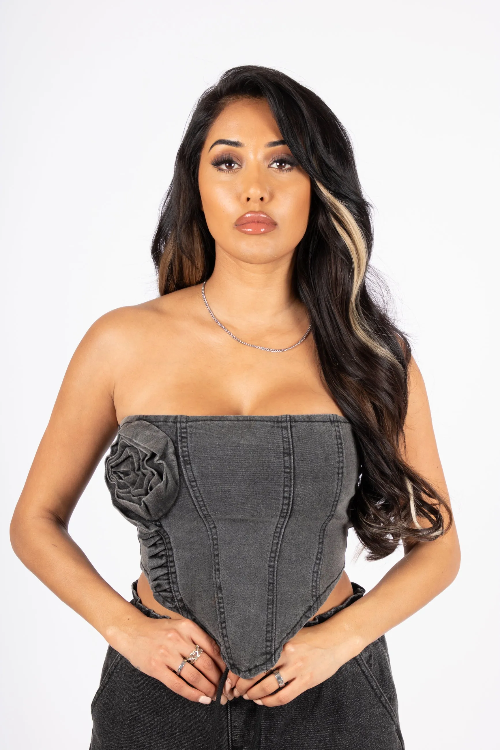 Washed Black Rose Denim Stretch Corset