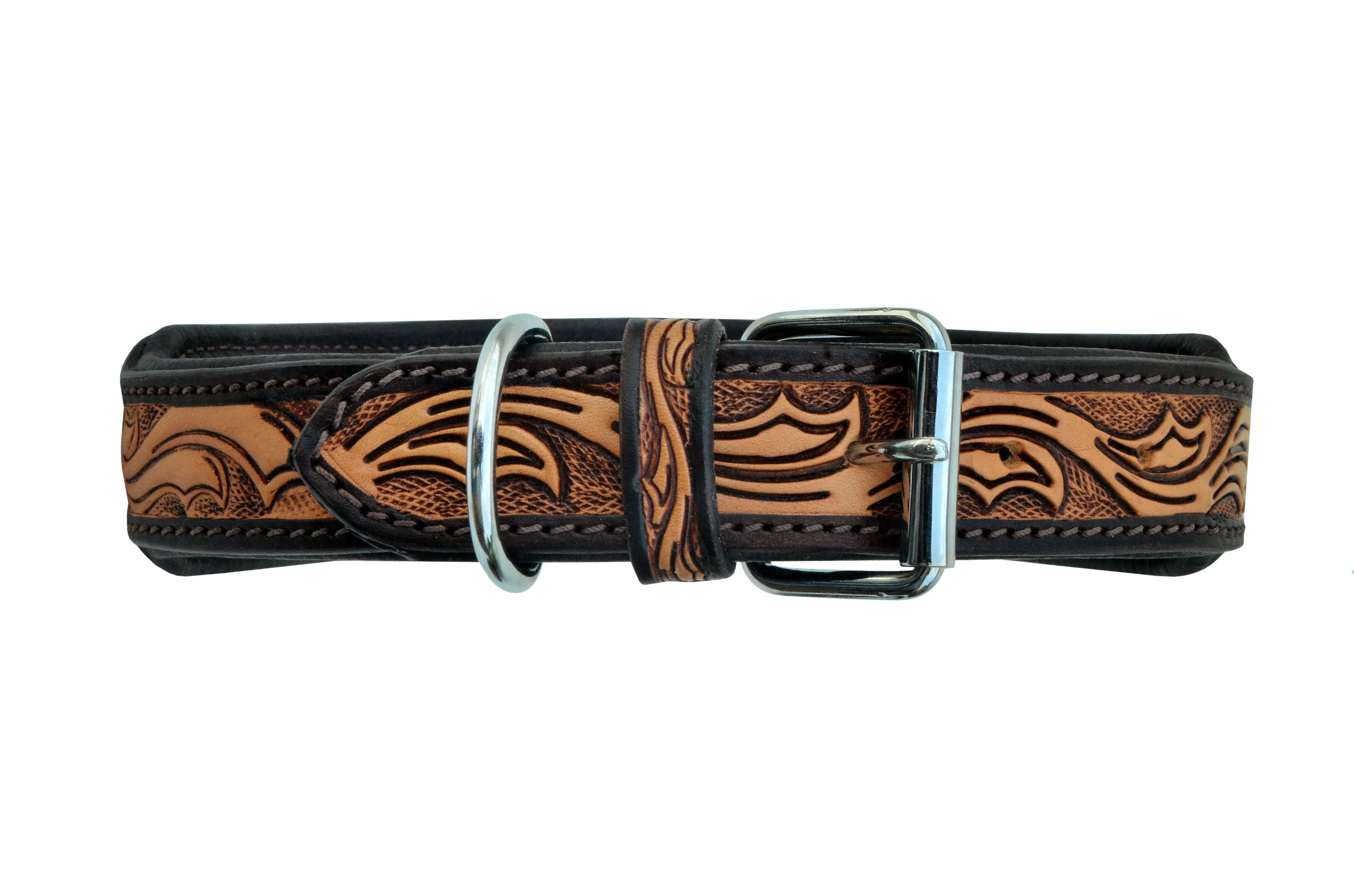 Western Style Beaded and Tooled Leather Dog Collar With Padded Soft Lining 10AB004