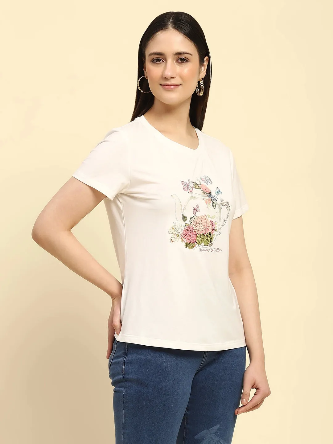 White 3D Embroidered Modal Blend Relaxed Fit Top