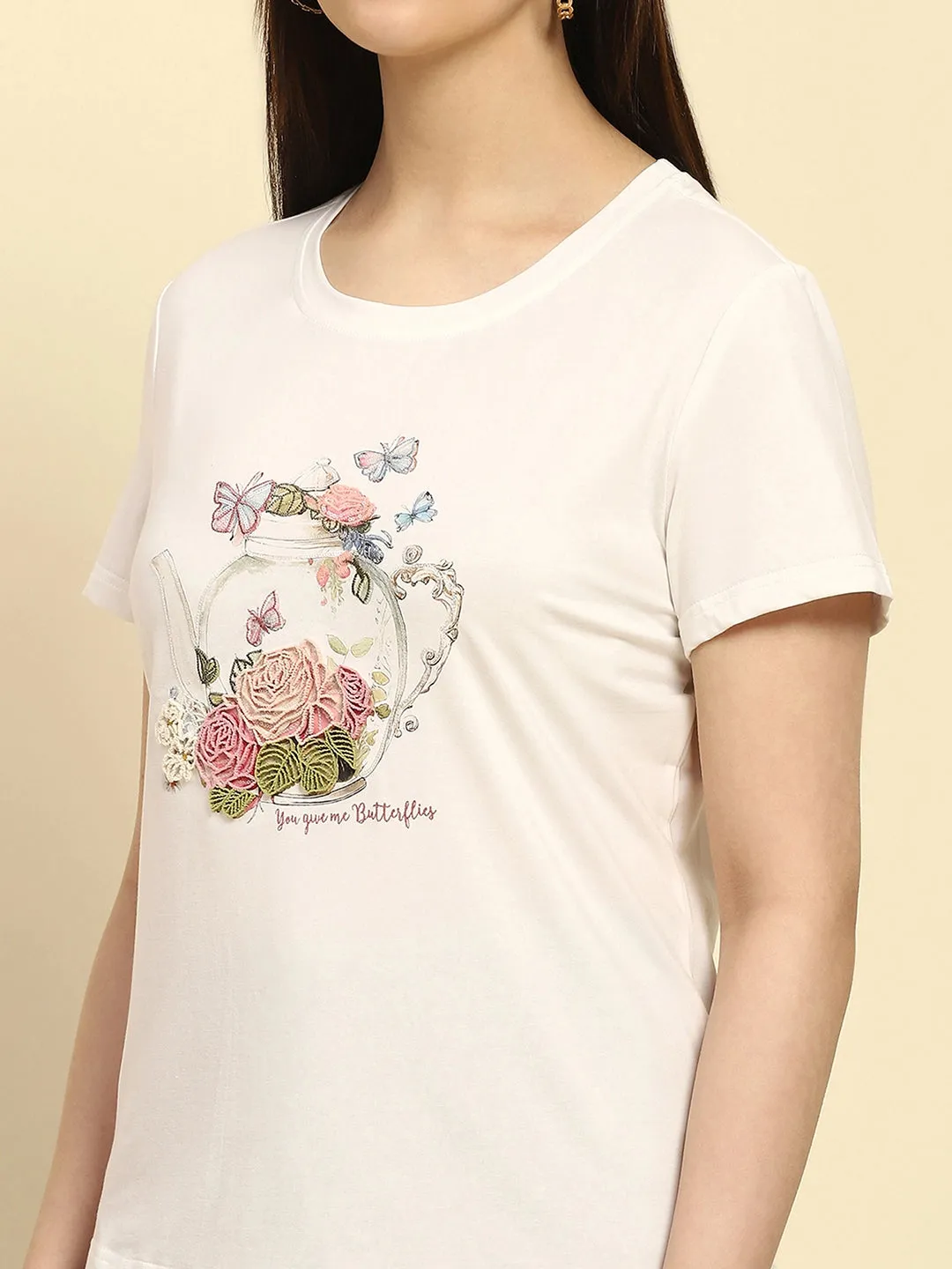 White 3D Embroidered Modal Blend Relaxed Fit Top