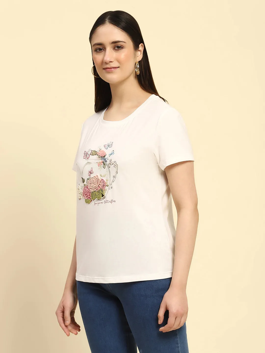 White 3D Embroidered Modal Blend Relaxed Fit Top