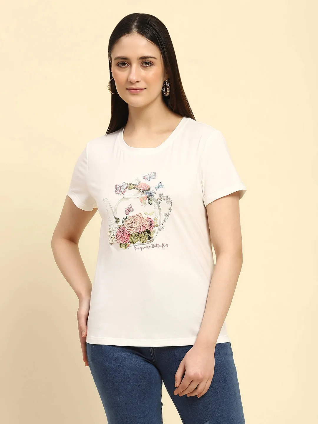White 3D Embroidered Modal Blend Relaxed Fit Top