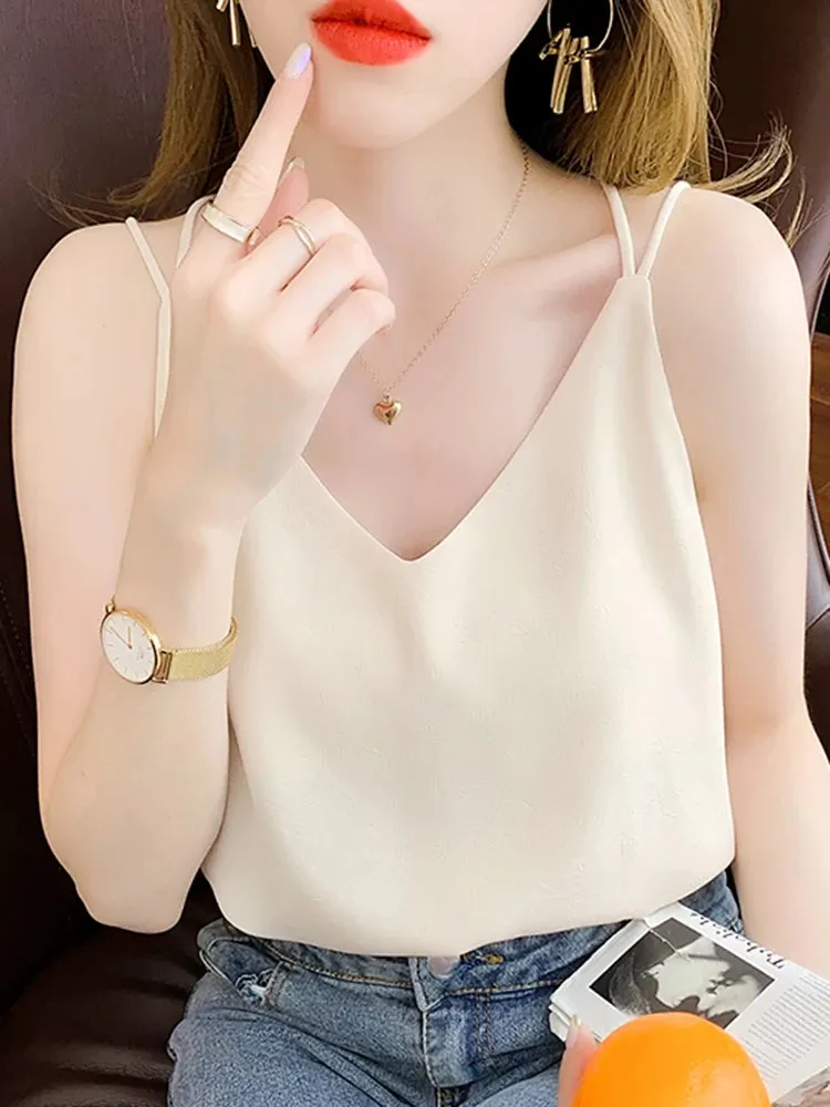 White Black Camisole Sexy V Neck Halter Strap Women Camis Silk Cross Backless Top Solid Crop Satin Tank Tops Female Underwear Vest Camisole