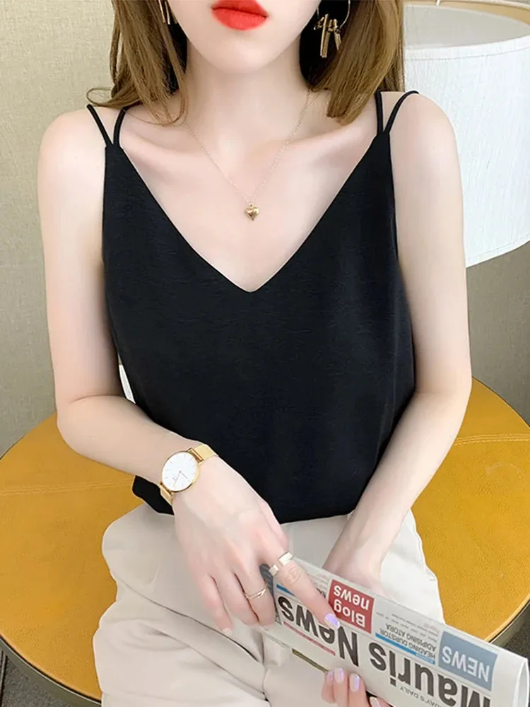 White Black Camisole Sexy V Neck Halter Strap Women Camis Silk Cross Backless Top Solid Crop Satin Tank Tops Female Underwear Vest Camisole