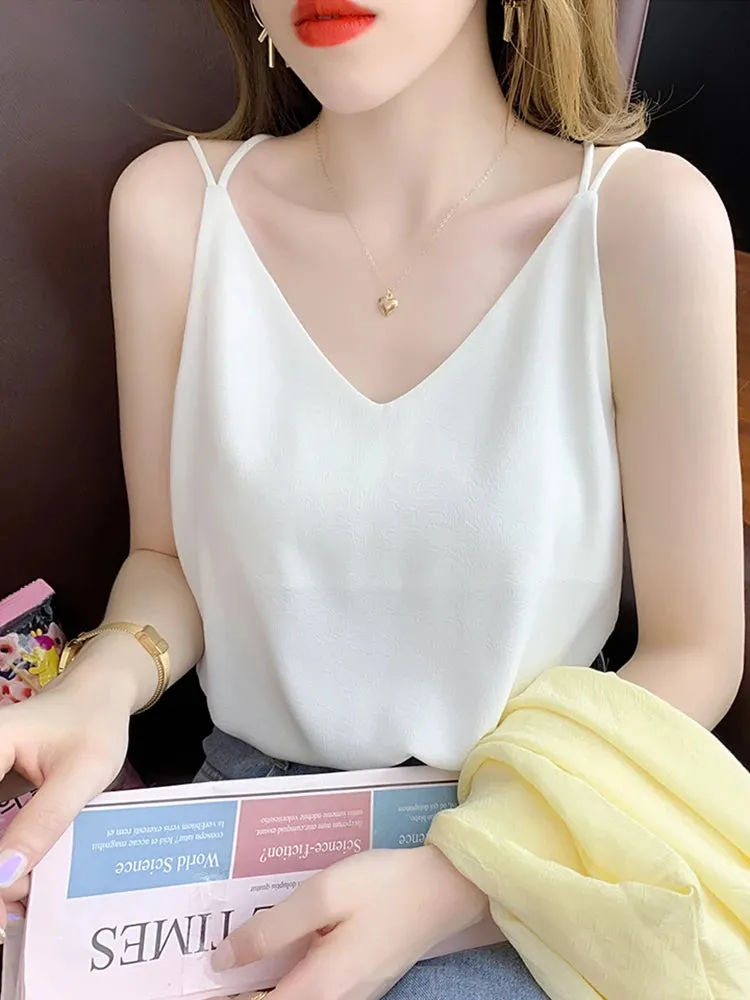 White Black Camisole Sexy V Neck Halter Strap Women Camis Silk Cross Backless Top Solid Crop Satin Tank Tops Female Underwear Vest Camisole