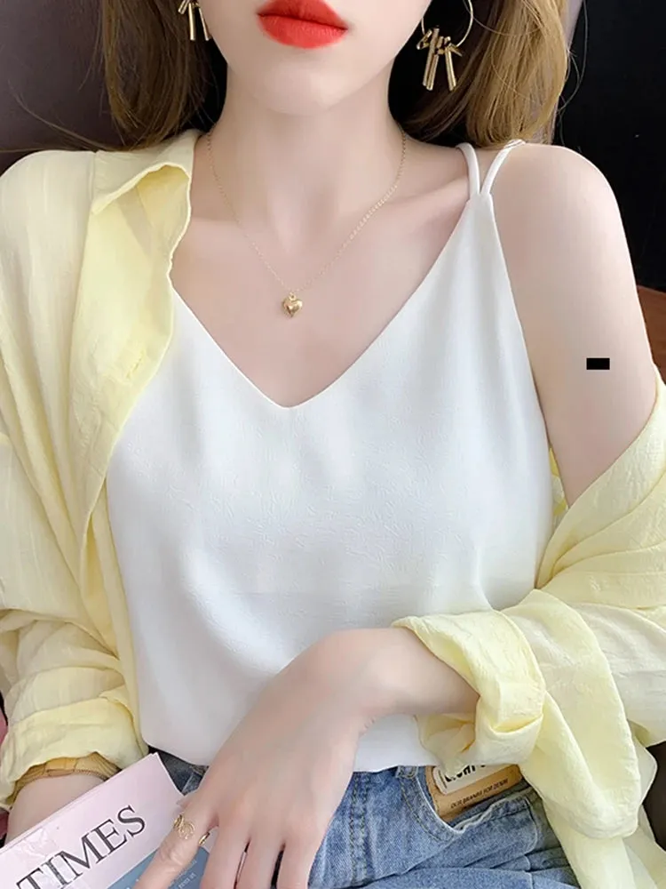 White Black Camisole Sexy V Neck Halter Strap Women Camis Silk Cross Backless Top Solid Crop Satin Tank Tops Female Underwear Vest Camisole