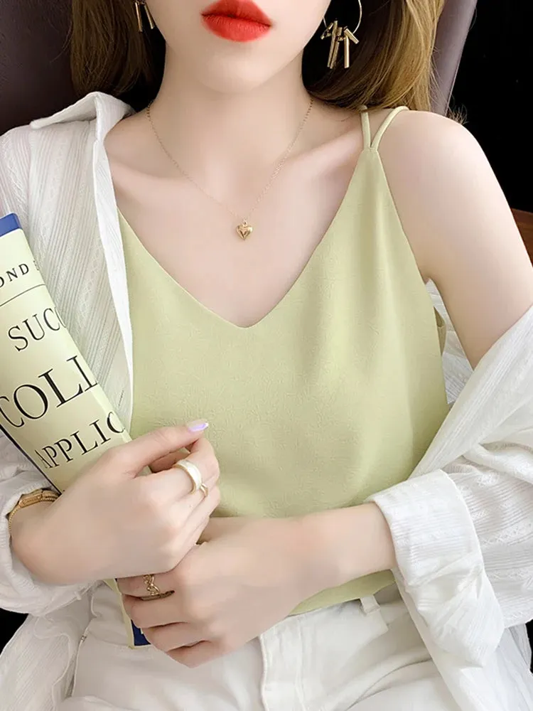 White Black Camisole Sexy V Neck Halter Strap Women Camis Silk Cross Backless Top Solid Crop Satin Tank Tops Female Underwear Vest Camisole