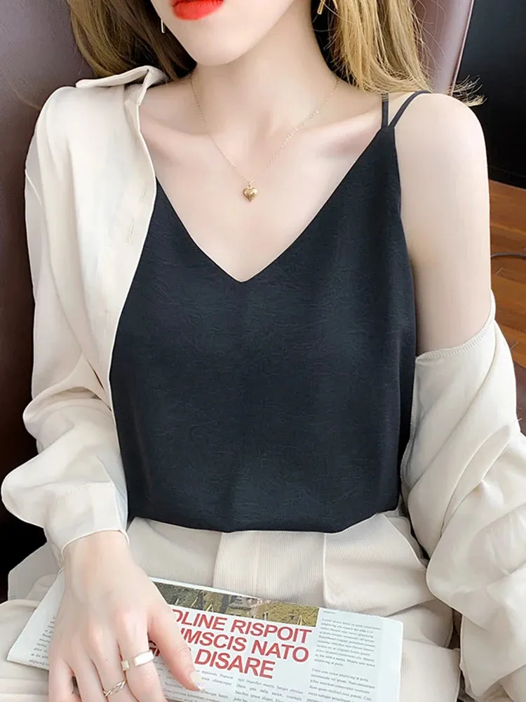 White Black Camisole Sexy V Neck Halter Strap Women Camis Silk Cross Backless Top Solid Crop Satin Tank Tops Female Underwear Vest Camisole