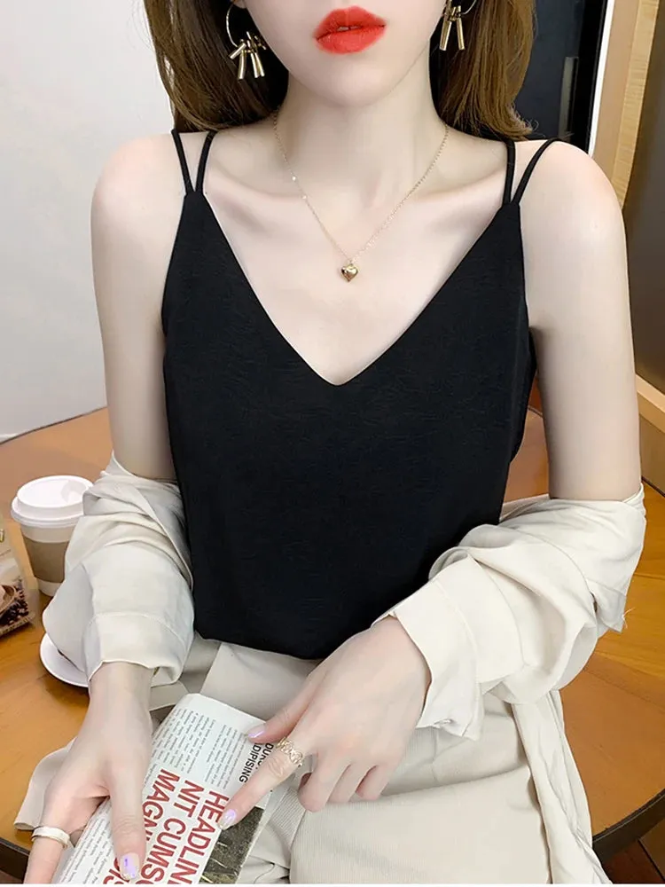 White Black Camisole Sexy V Neck Halter Strap Women Camis Silk Cross Backless Top Solid Crop Satin Tank Tops Female Underwear Vest Camisole