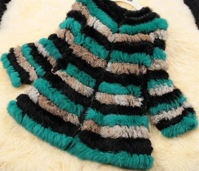 Women Rabbit Fur Coat small knitted rabbit fur women's fur coat medium-long o-neck