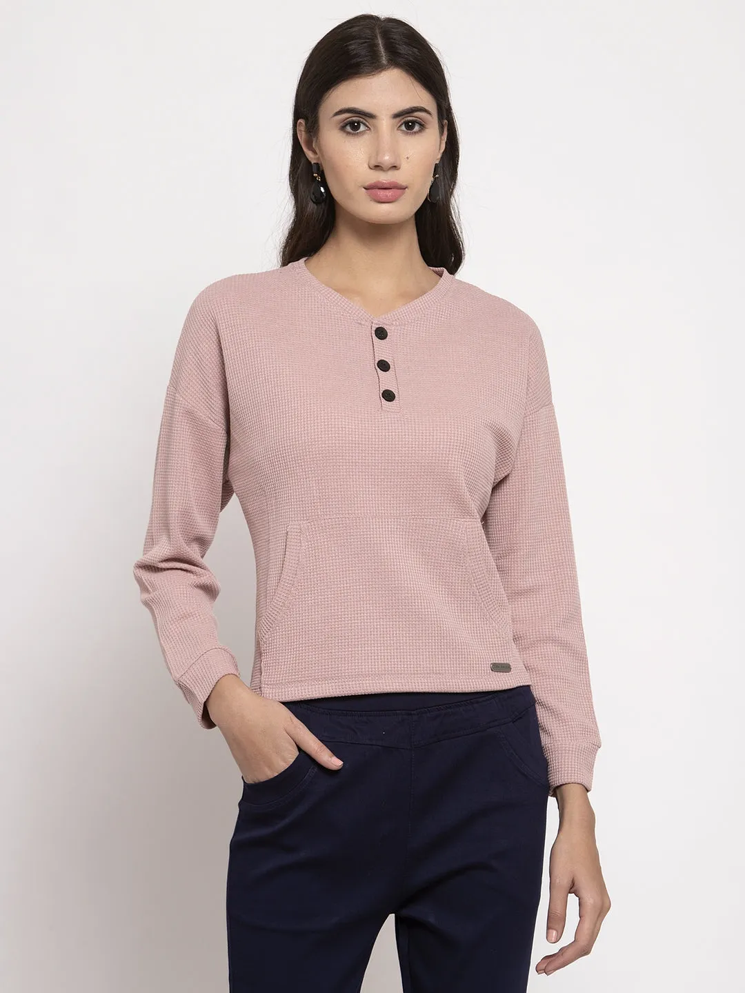 Women Solid Full Sleve V- Neck Top