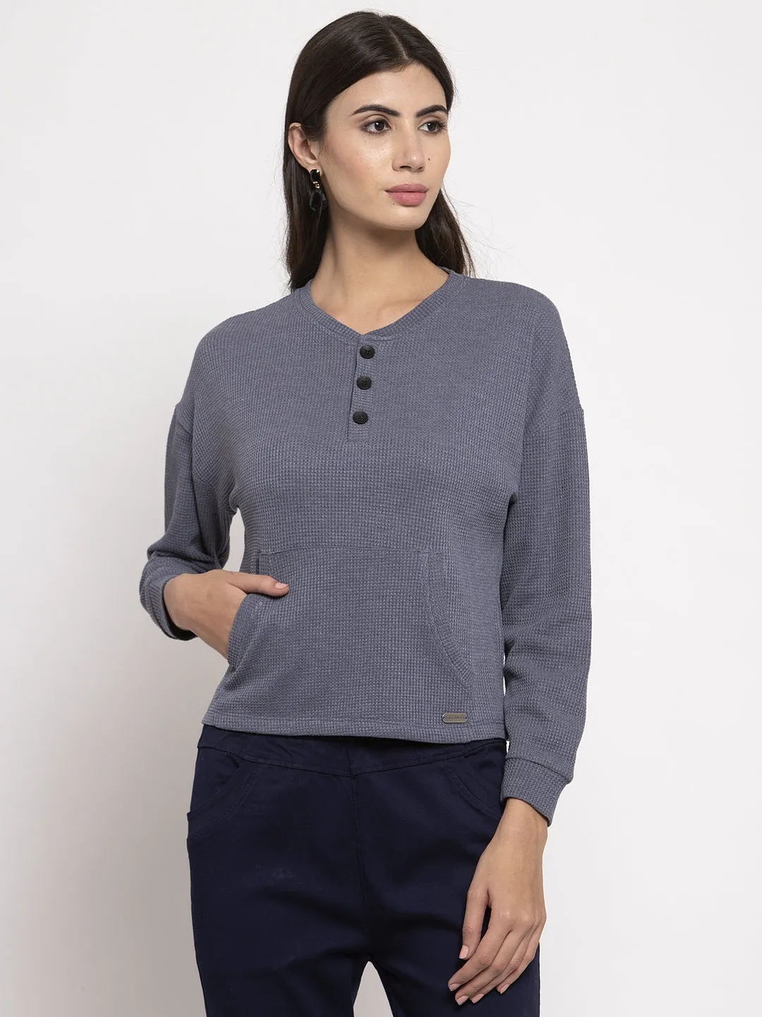 Women Solid Full Sleve V- Neck Top