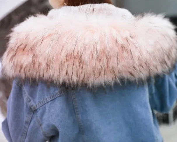 Women's Autumn/Winter Warm Hooded Denim Jacket With Fur On Hood