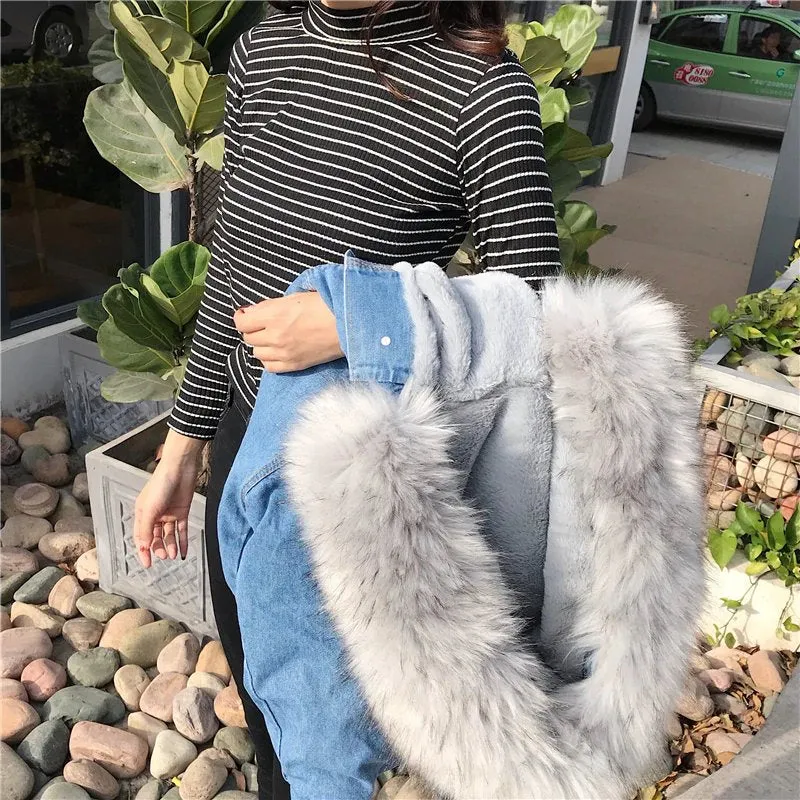 Women's Autumn/Winter Warm Hooded Denim Jacket With Fur On Hood