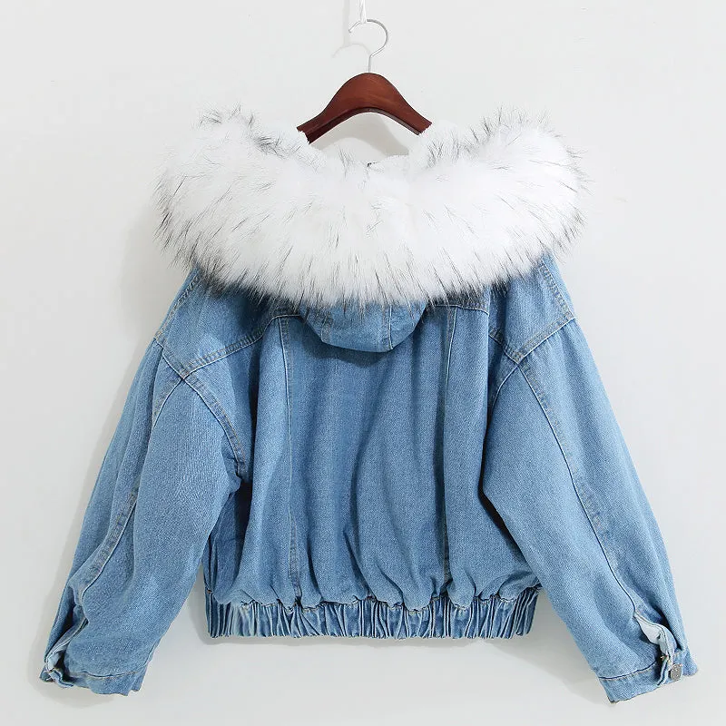 Women's Autumn/Winter Warm Hooded Denim Jacket With Fur On Hood