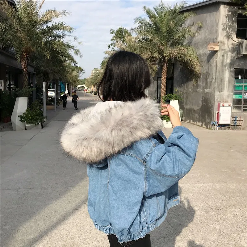 Women's Autumn/Winter Warm Hooded Denim Jacket With Fur On Hood