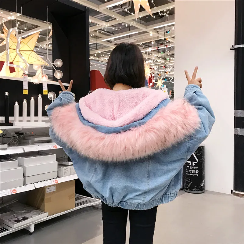 Women's Autumn/Winter Warm Hooded Denim Jacket With Fur On Hood