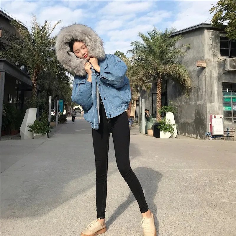 Women's Autumn/Winter Warm Hooded Denim Jacket With Fur On Hood