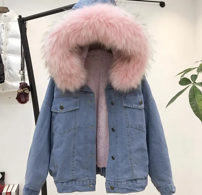 Women's Autumn/Winter Warm Hooded Denim Jacket With Fur On Hood