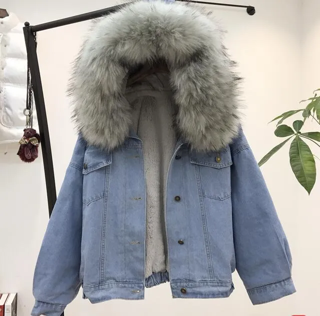 Women's Autumn/Winter Warm Hooded Denim Jacket With Fur On Hood