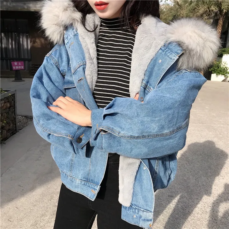 Women's Autumn/Winter Warm Hooded Denim Jacket With Fur On Hood