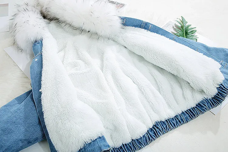 Women's Autumn/Winter Warm Hooded Denim Jacket With Fur On Hood