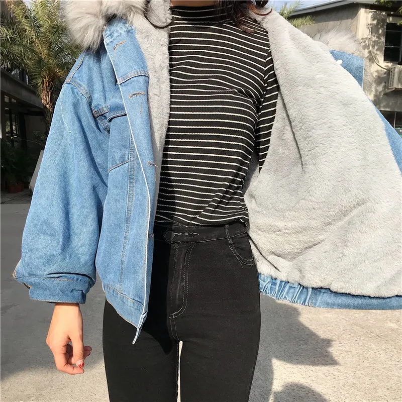 Women's Autumn/Winter Warm Hooded Denim Jacket With Fur On Hood