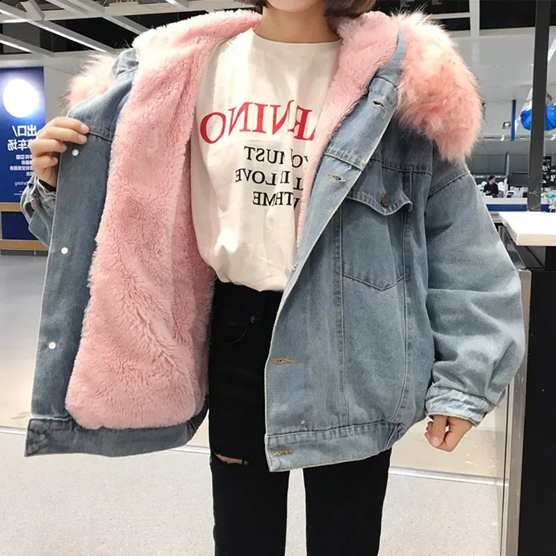 Women's Autumn/Winter Warm Hooded Denim Jacket With Fur On Hood