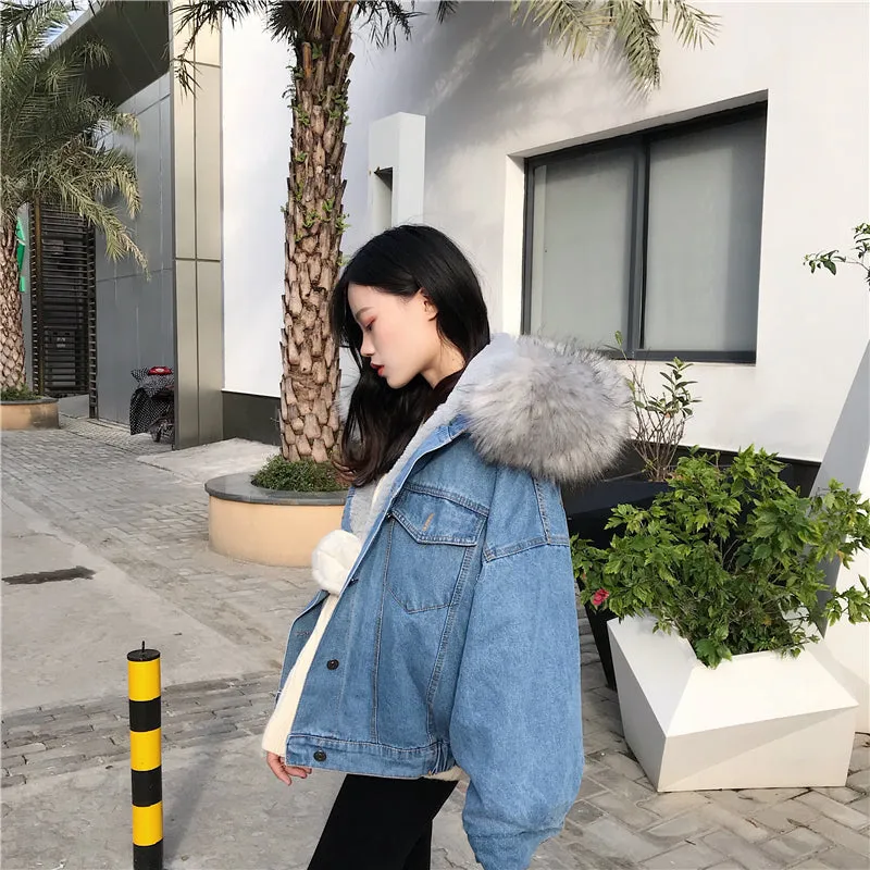 Women's Autumn/Winter Warm Hooded Denim Jacket With Fur On Hood