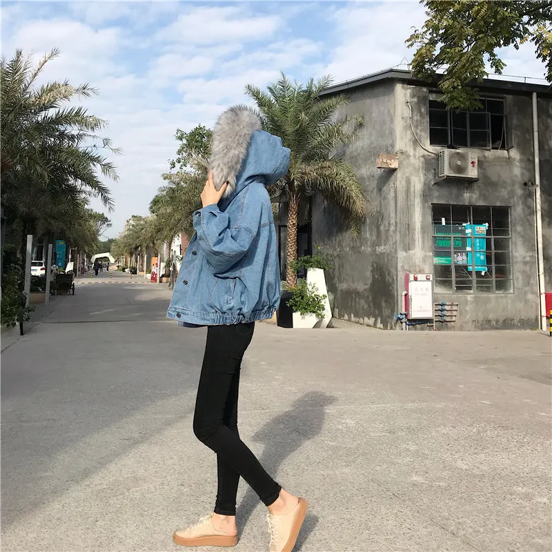 Women's Autumn/Winter Warm Hooded Denim Jacket With Fur On Hood